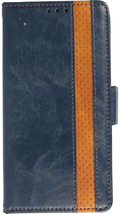 Etui cuir iPhone 15 - Flip Wallet en cuir véritable avec stripe design et compartiment à cartes - Bleu