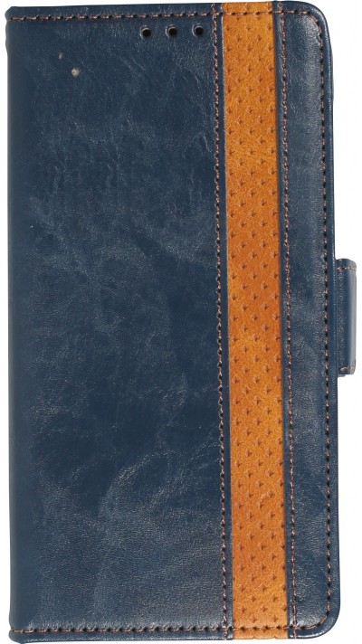 Etui cuir iPhone 12 / 12 Pro - Flip Wallet en cuir véritable avec stripe design et compartiment à cartes - Bleu