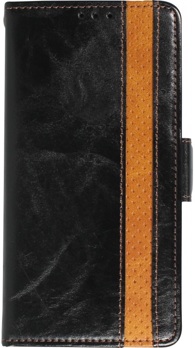 Etui cuir iPhone 13 - Flip Wallet en cuir véritable avec stripe design et compartiment à cartes - Noir