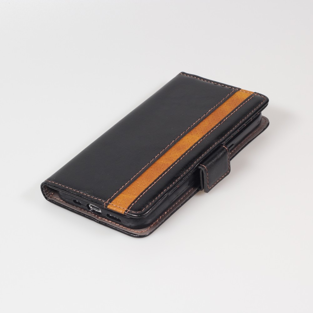 Etui cuir iPhone 13 - Flip Wallet en cuir véritable avec stripe design et compartiment à cartes - Noir