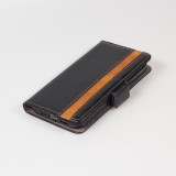 Etui cuir iPhone 13 - Flip Wallet en cuir véritable avec stripe design et compartiment à cartes - Noir