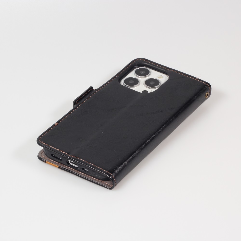 Etui cuir iPhone 13 - Flip Wallet en cuir véritable avec stripe design et compartiment à cartes - Noir