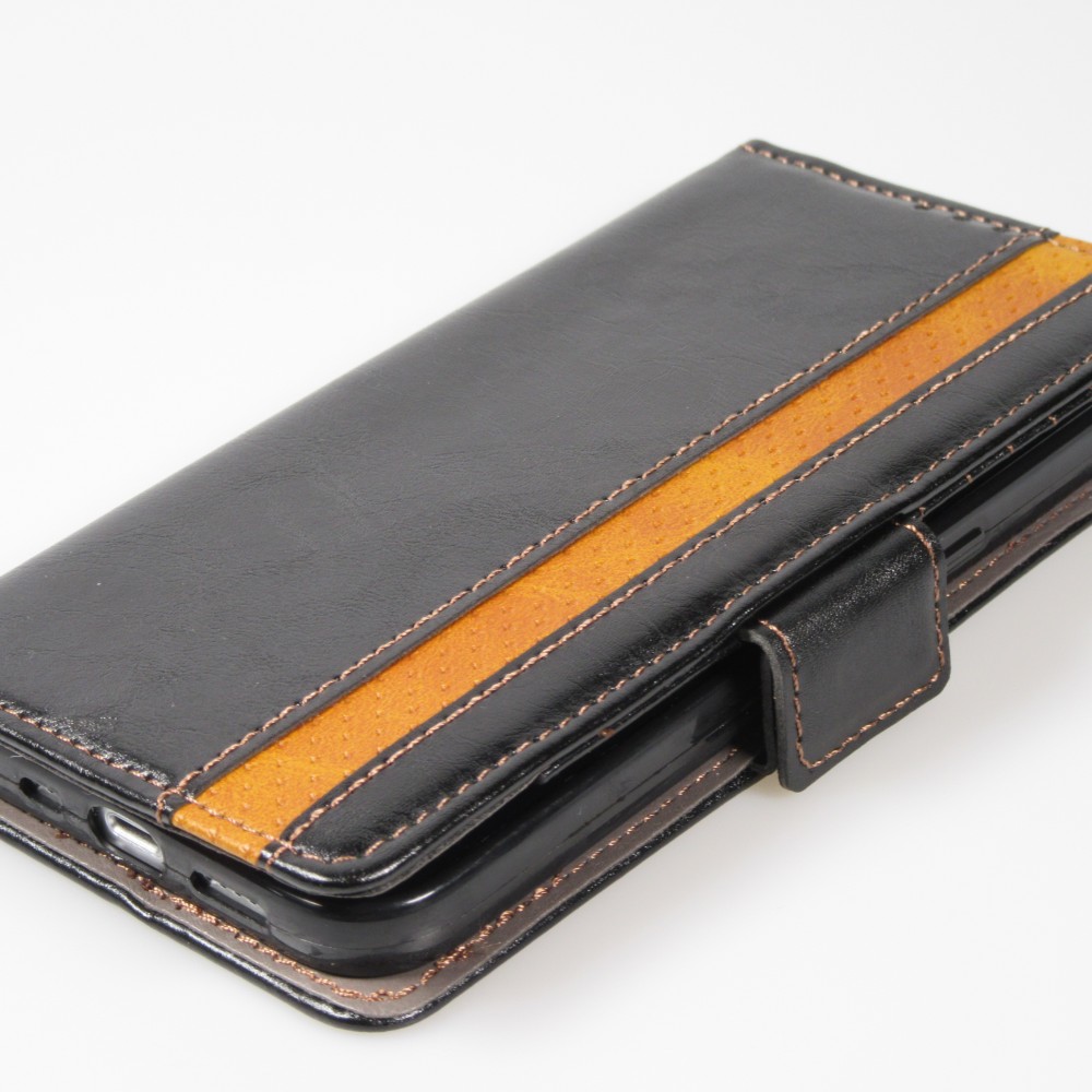 Etui cuir iPhone 13 - Flip Wallet en cuir véritable avec stripe design et compartiment à cartes - Noir