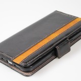 Etui cuir iPhone 13 - Flip Wallet en cuir véritable avec stripe design et compartiment à cartes - Noir
