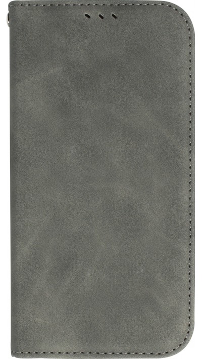 Etui cuir iPhone 15 - Flip Wallet vintage avec fermeture aimantée et compartiment cartes - Gris