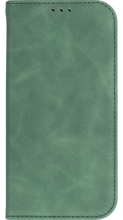 Etui cuir iPhone 15 - Flip Wallet vintage avec fermeture aimantée et compartiment cartes - Vert foncé