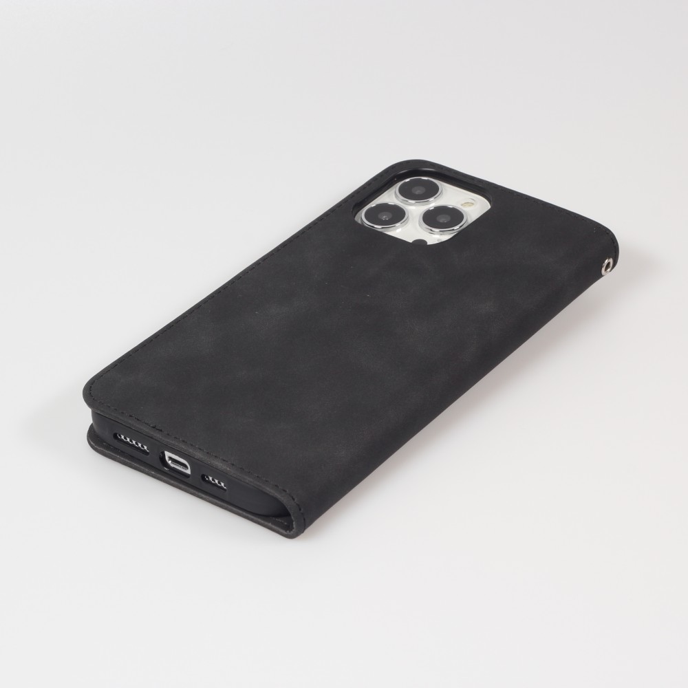 Etui cuir iPhone 16e - Flip Wallet vintage avec fermeture aimantée et compartiment cartes - Noir