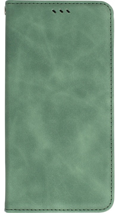 Etui cuir iPhone 15 Pro Max - Flip Wallet vintage avec fermeture aimantée et compartiment cartes - Vert foncé