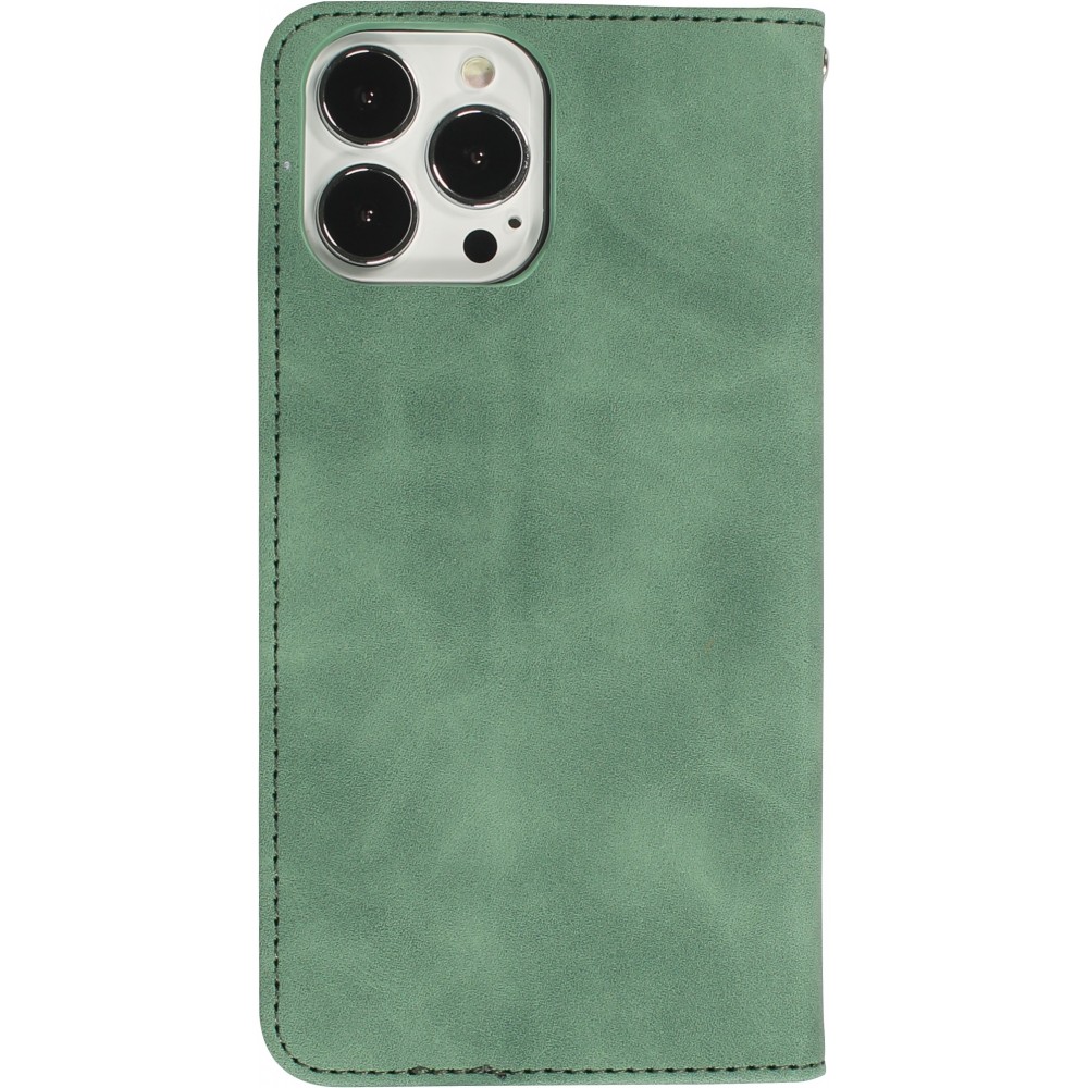 Etui cuir iPhone 16e - Flip Wallet vintage avec fermeture aimantée et compartiment cartes - Vert foncé