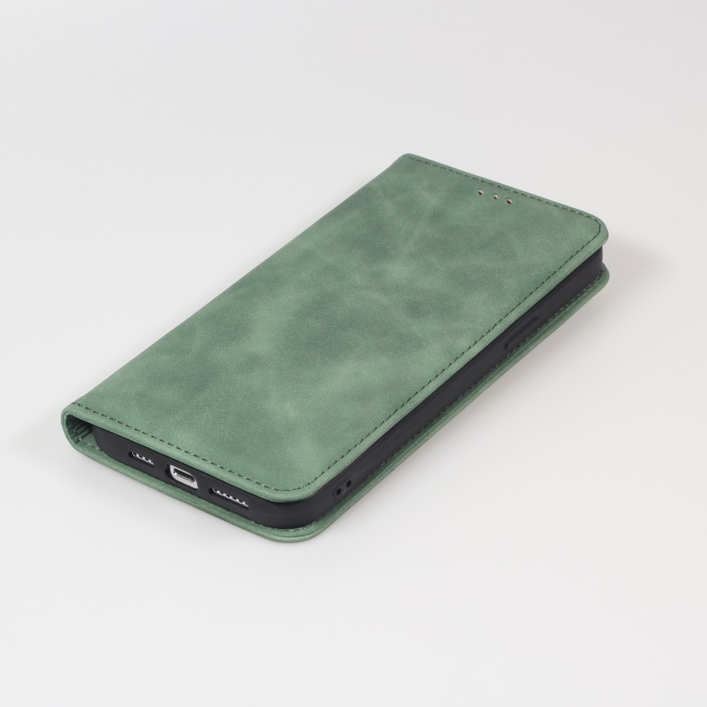 Etui cuir iPhone 16e - Flip Wallet vintage avec fermeture aimantée et compartiment cartes - Vert foncé