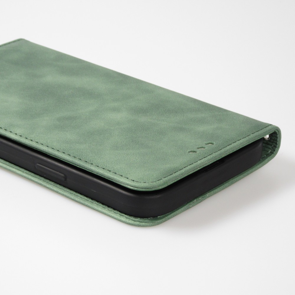 Etui cuir iPhone 16e - Flip Wallet vintage avec fermeture aimantée et compartiment cartes - Vert foncé