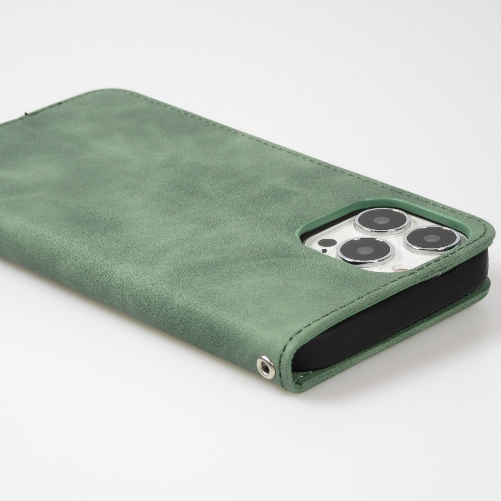 Etui cuir iPhone 16e - Flip Wallet vintage avec fermeture aimantée et compartiment cartes - Vert foncé