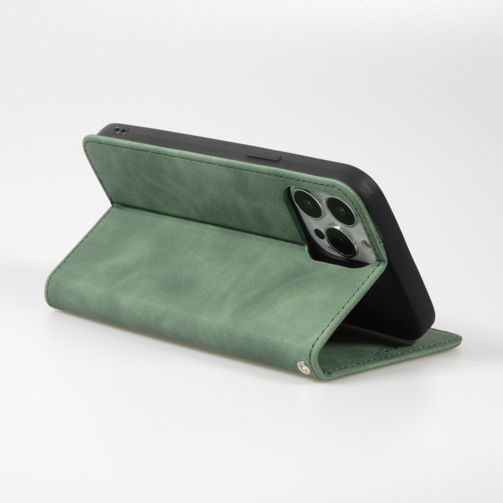 Etui cuir iPhone 16e - Flip Wallet vintage avec fermeture aimantée et compartiment cartes - Vert foncé