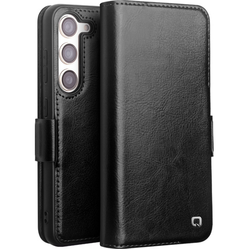 Fourre Samsung Galaxy S25 - Flip Qialino cuir véritable avec fermeture magnétique - Noir