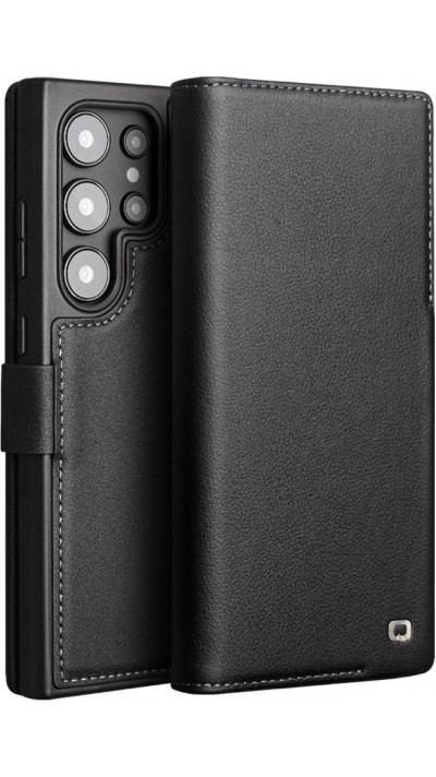 Fourre Samsung Galaxy S24 Ultra - Flip Qialino cuir véritable mat avec fermeture magnétique - Noir mat