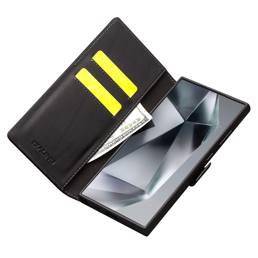 Fourre Samsung Galaxy S24 Ultra - Flip Qialino cuir véritable mat avec fermeture magnétique - Noir mat