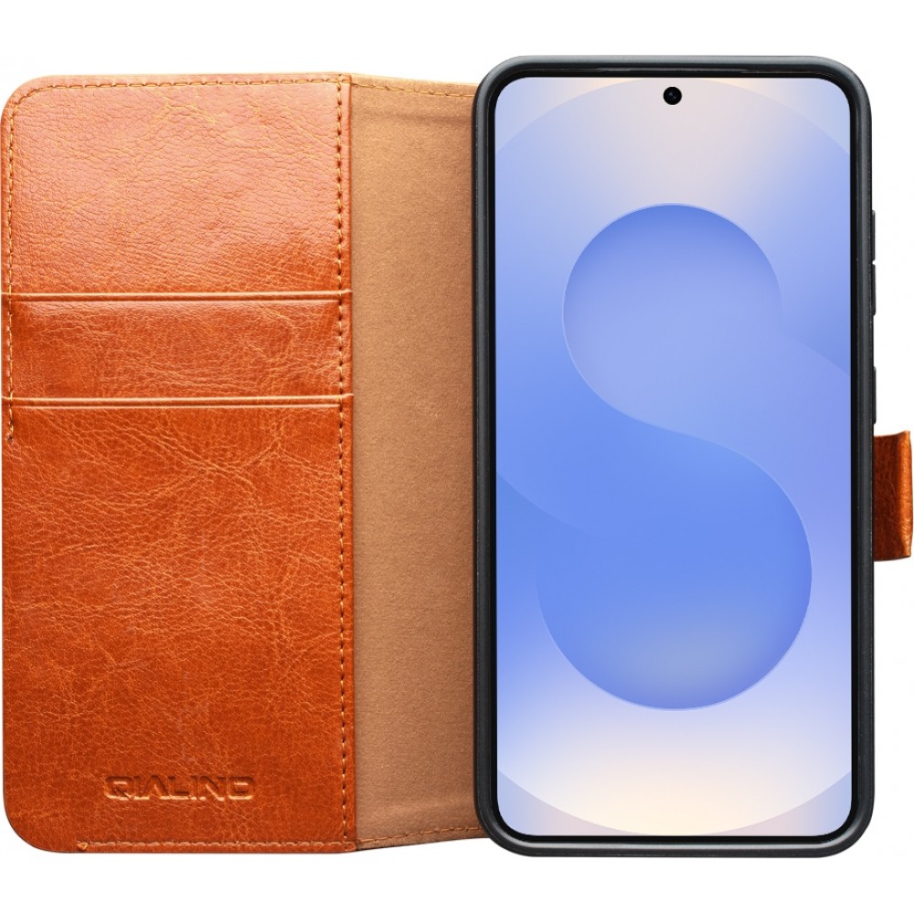 Fourre Samsung Galaxy S25+ - Flip Qialino cuir véritable avec fermeture magnétique - Brun clair