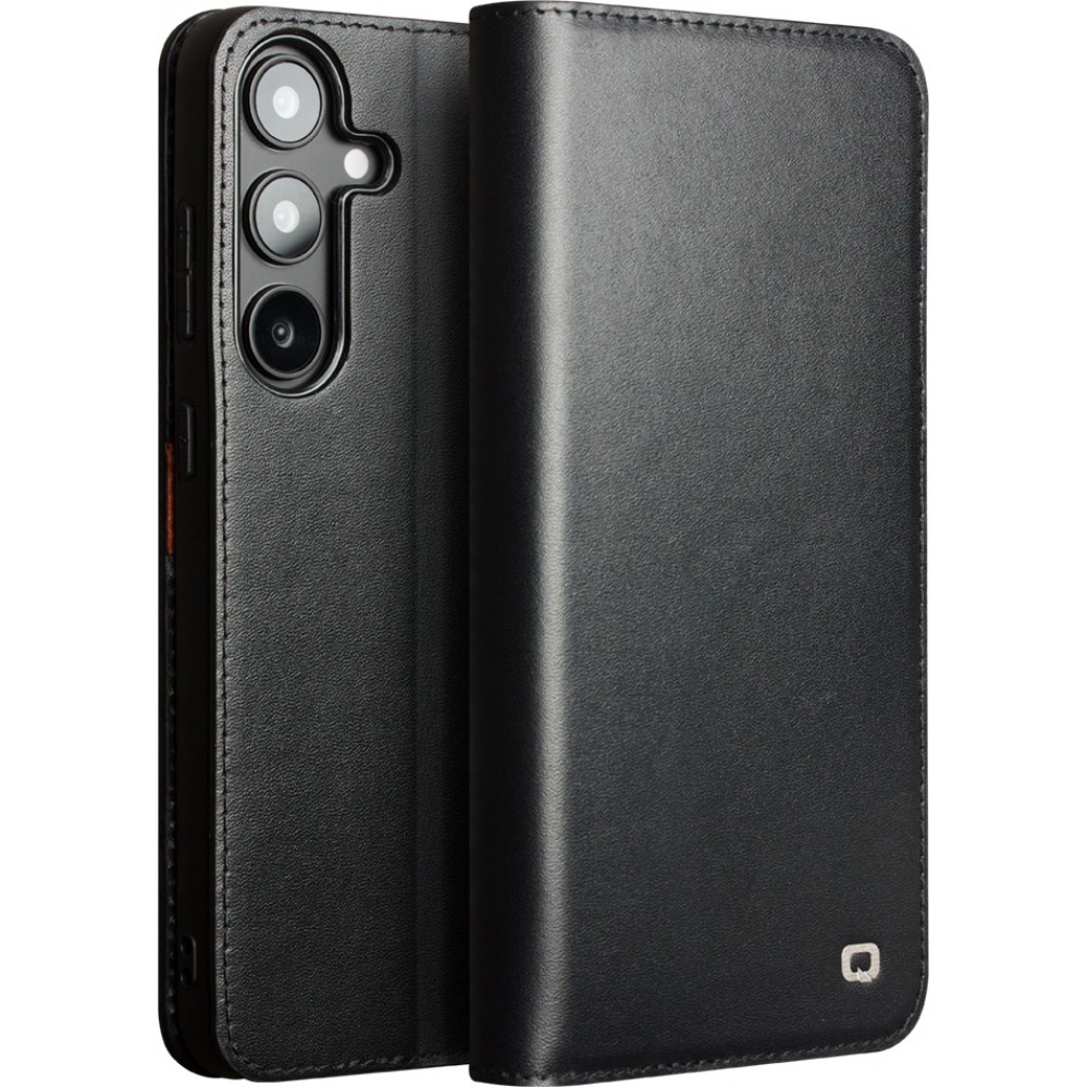 Fourre Samsung Galaxy S25 - Flip Qialino Matt Wallet cuir véritable - Noir