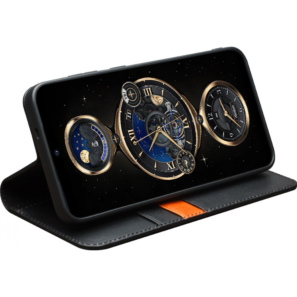 Fourre Samsung Galaxy S25 - Flip Qialino Matt Wallet cuir véritable - Noir
