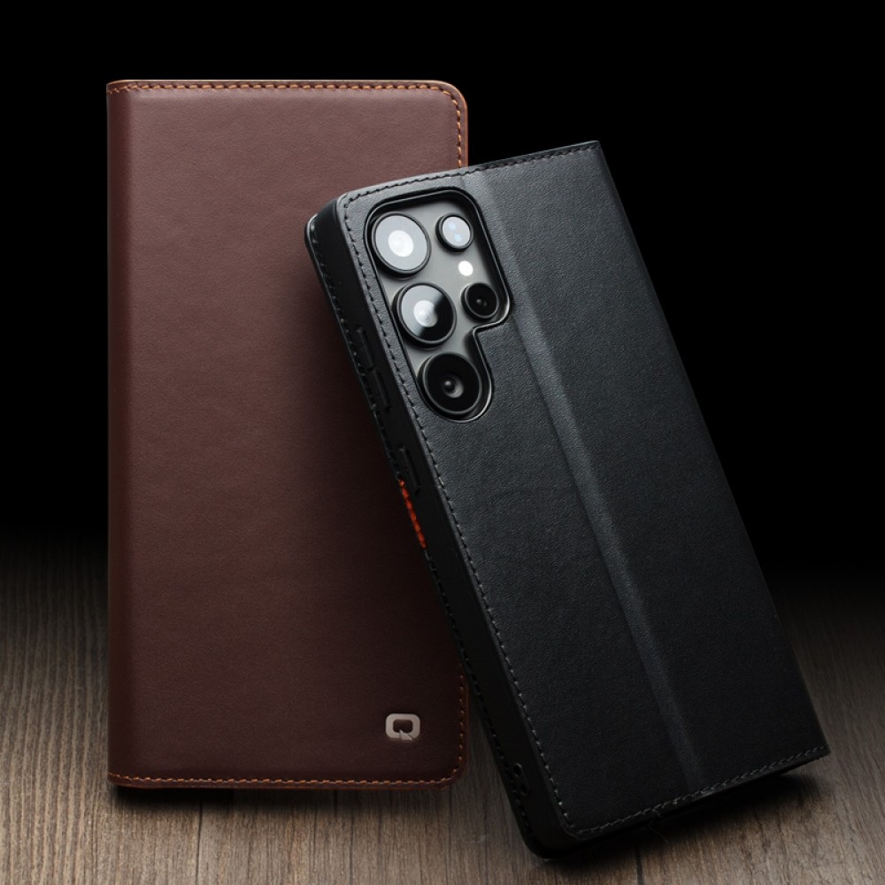 Fourre Samsung Galaxy S25 - Flip Qialino Matt Wallet cuir véritable - Noir