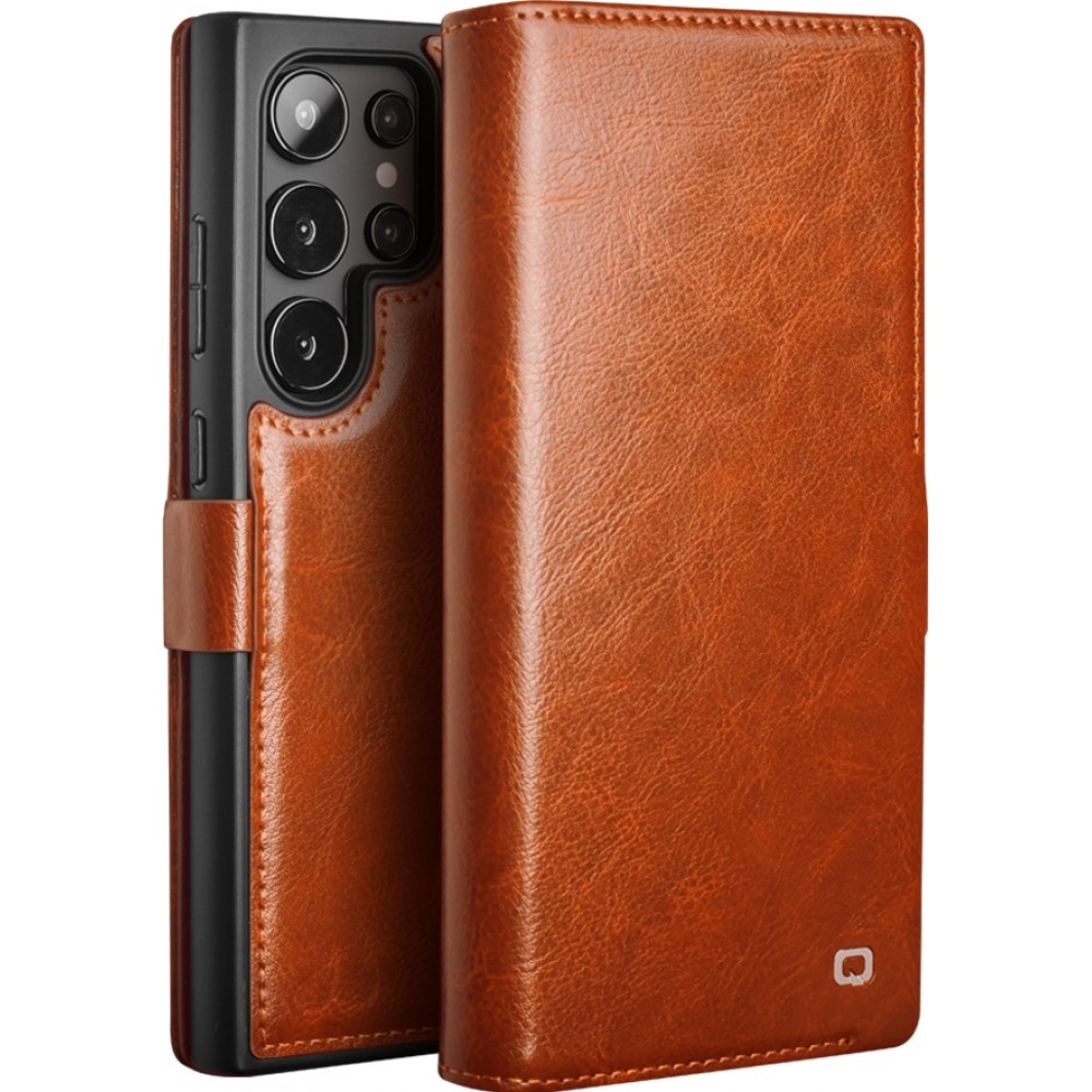 Samsung Galaxy S25 Ultra Case Hülle - Flip Qialino Echtleder mit magnetischem Verschluss - Hellbraun