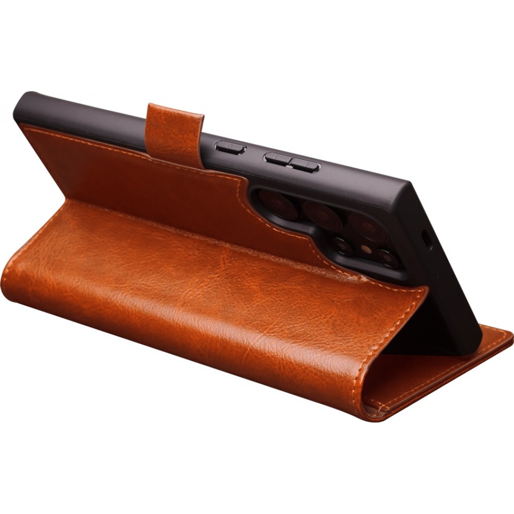 Samsung Galaxy S25 Ultra Case Hülle - Flip Qialino Echtleder mit magnetischem Verschluss - Hellbraun