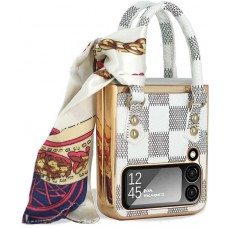 Fourre Samsung Galaxy Z Flip4 - Coque de protection fashion design similicuir en forme de sac à main - Blanc carreaux