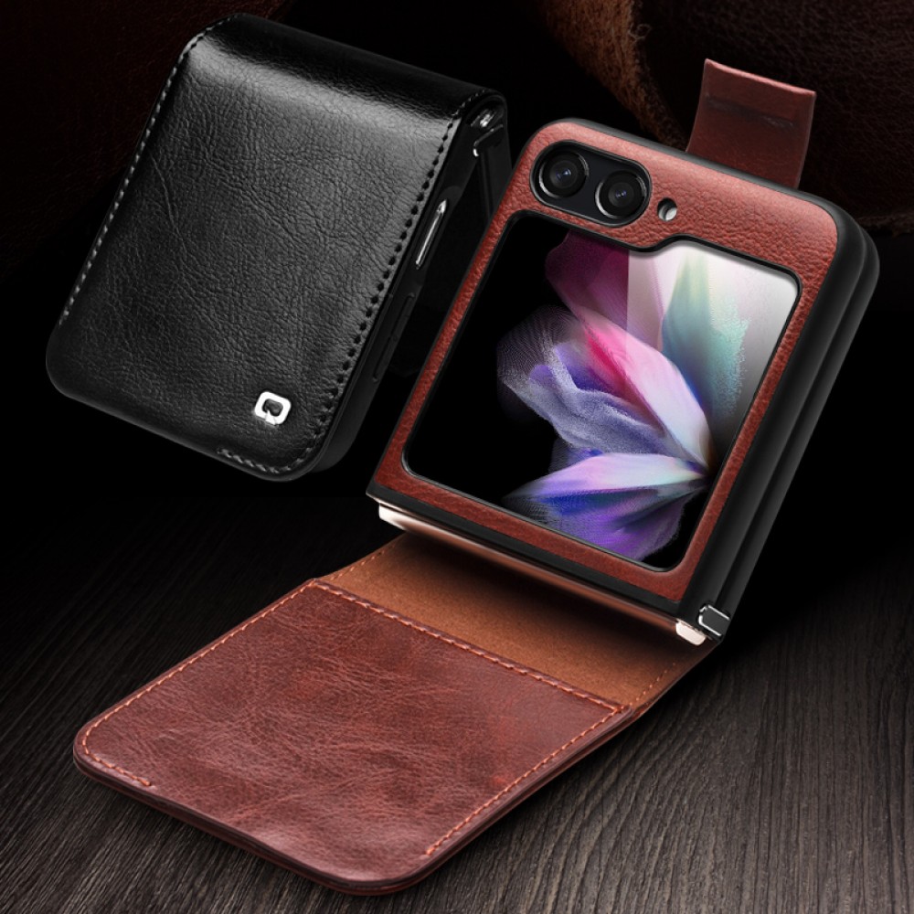 Fourre Samsung Galaxy Z Flip5 - Flip Qialino cuir véritable avec fermeture magnétique - Brun foncé