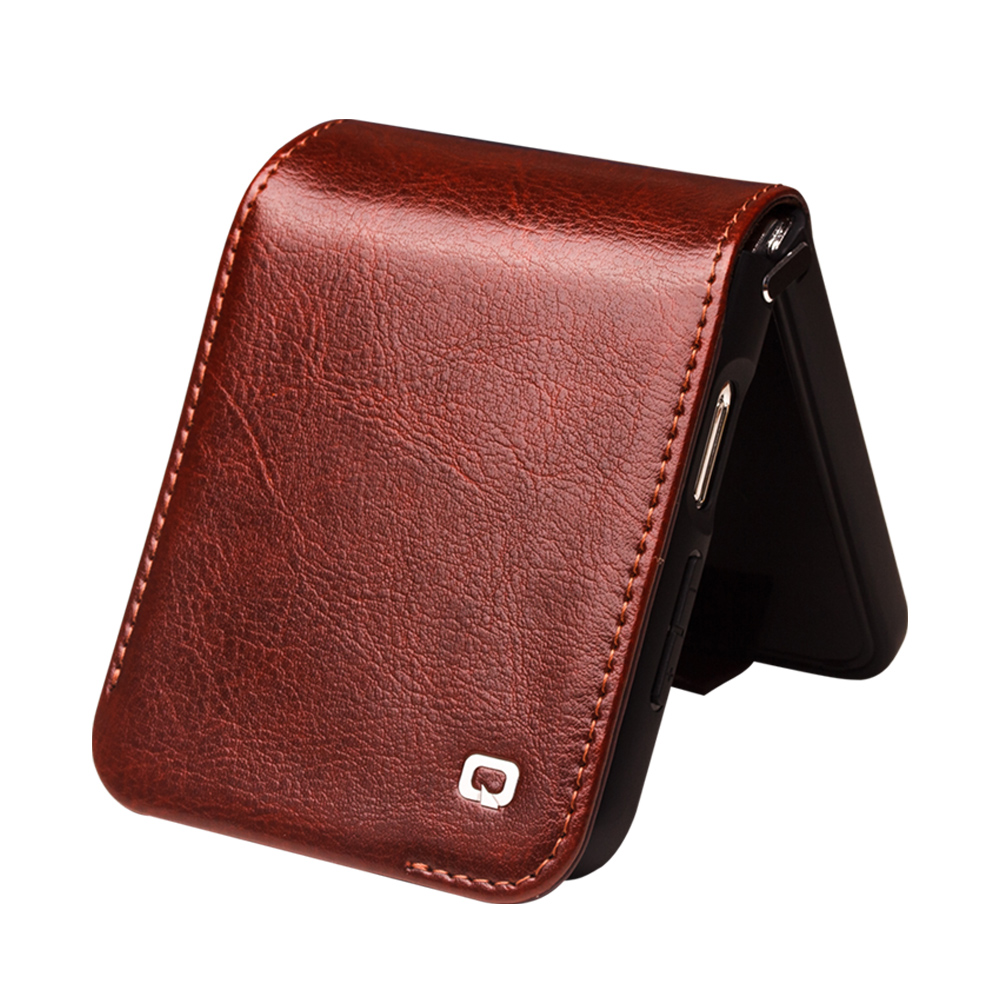 Fourre Samsung Galaxy Z Flip5 - Flip Qialino cuir véritable avec fermeture magnétique - Brun foncé