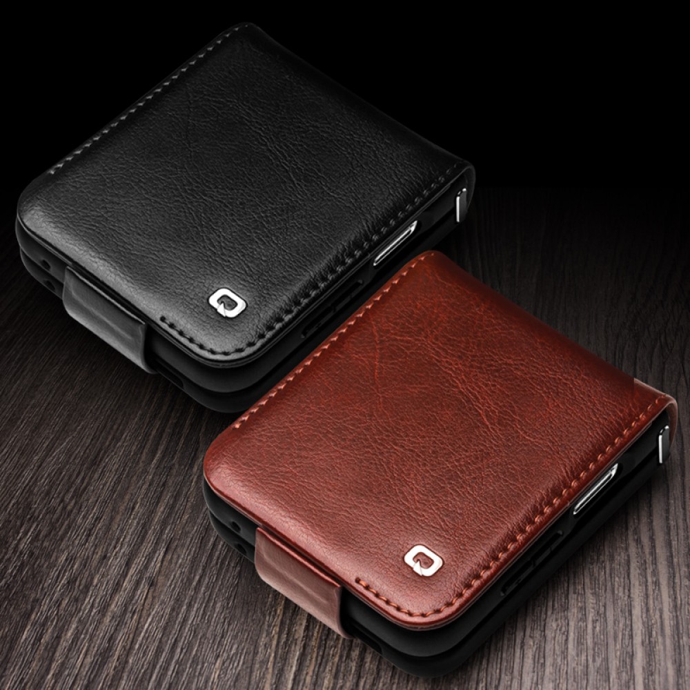 Fourre Samsung Galaxy Z Flip5 - Flip Qialino cuir véritable avec fermeture magnétique - Brun foncé
