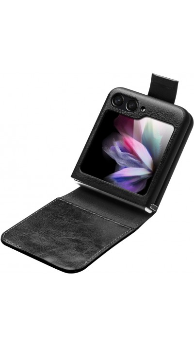Fourre Samsung Galaxy Z Flip5 - Flip Qialino cuir véritable avec fermeture magnétique - Noir