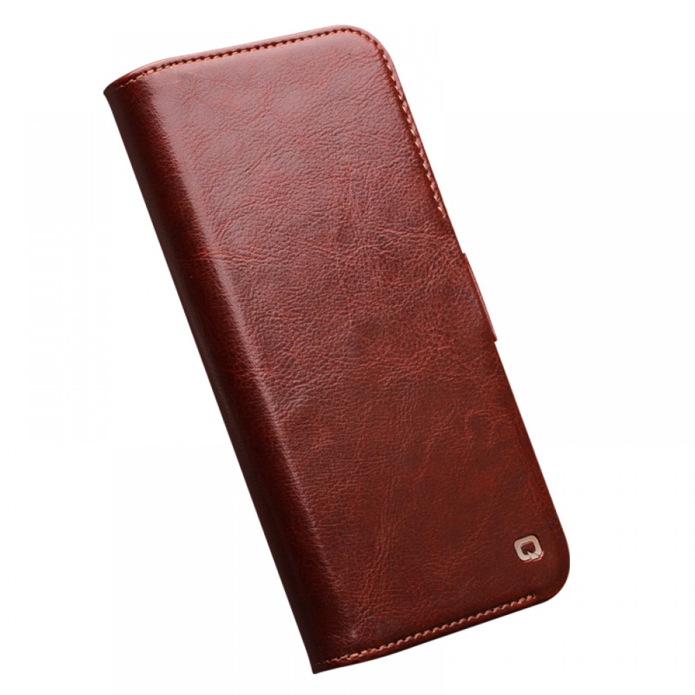 Fourre iPhone 15 Plus - Flip Qialino cuir véritable avec fermeture magnétique - Brun foncé