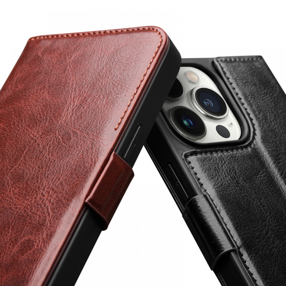 Fourre iPhone 15 Plus - Flip Qialino cuir véritable avec fermeture magnétique - Brun foncé