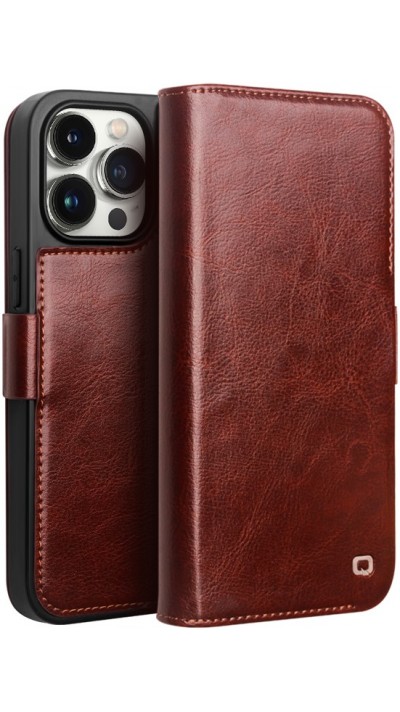 Fourre iPhone 14 Pro Max - Flip Qialino cuir véritable avec fermeture magnétique - Brun foncé
