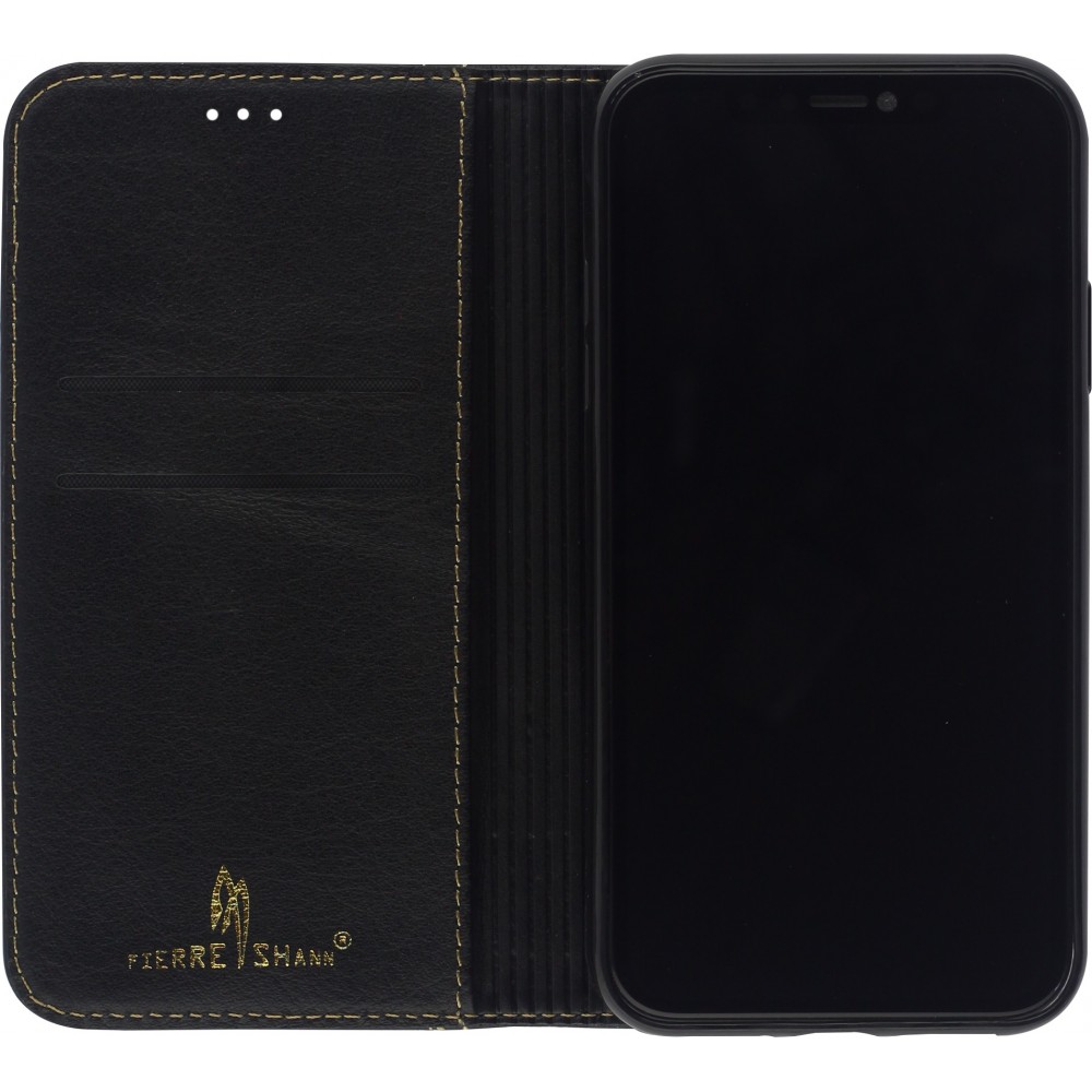 Fourre iPhone 13 mini - Flip Fierre Shann cuir véritable - Noir