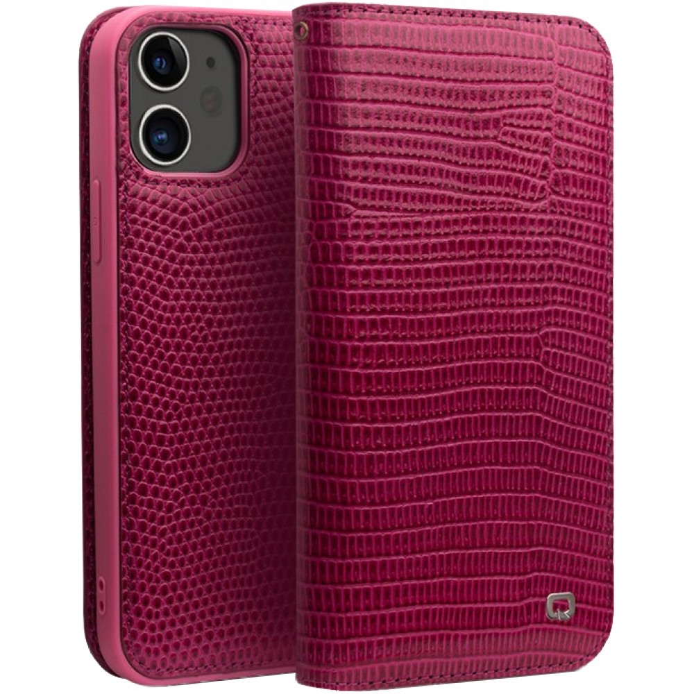 Fourre iPhone 15 Plus - Flip Croco Qialino cuir véritable - Rose