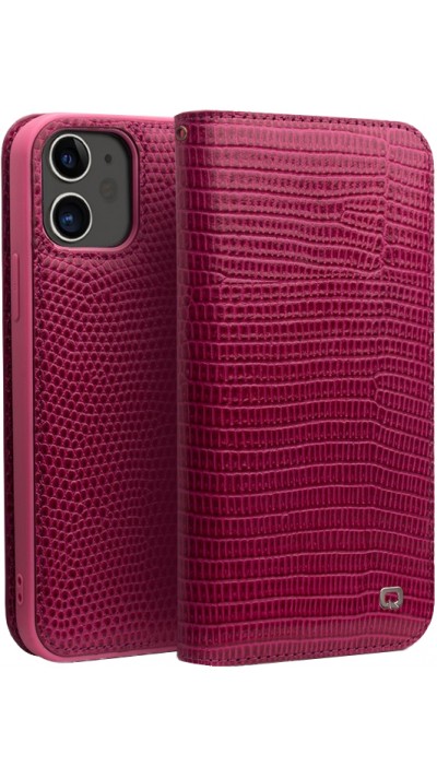 Fourre iPhone 15 - Flip Croco Qialino cuir véritable - Rose