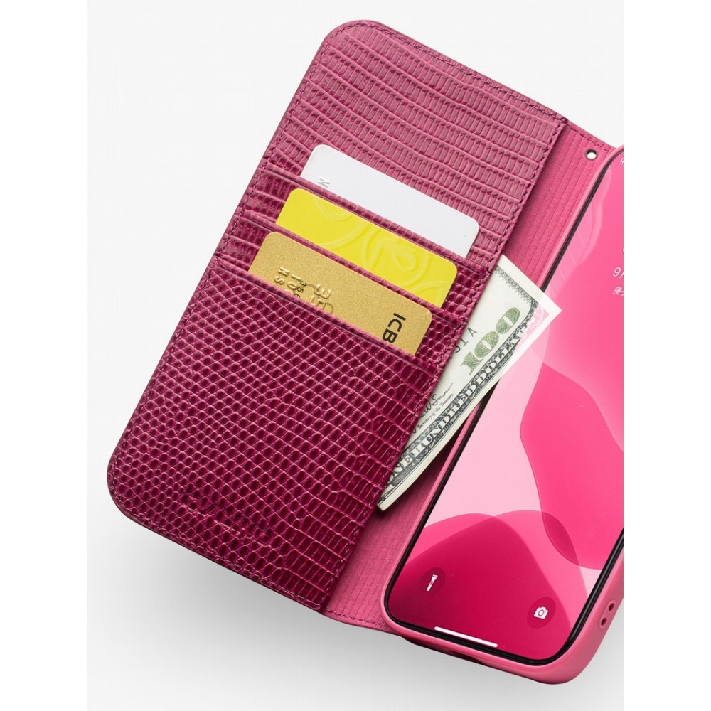 Fourre iPhone 15 - Flip Croco Qialino cuir véritable - Rose