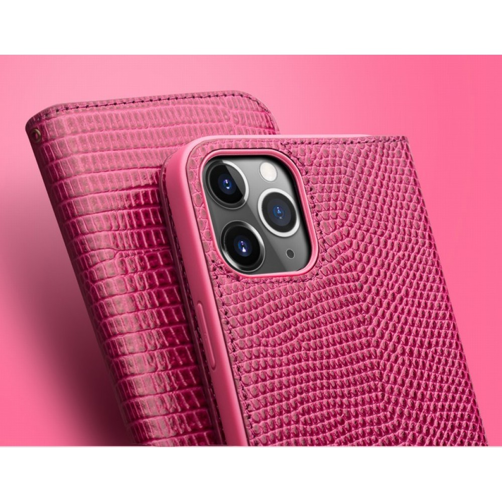 Fourre iPhone 14 Plus - Flip Croco Qialino cuir véritable - Rose
