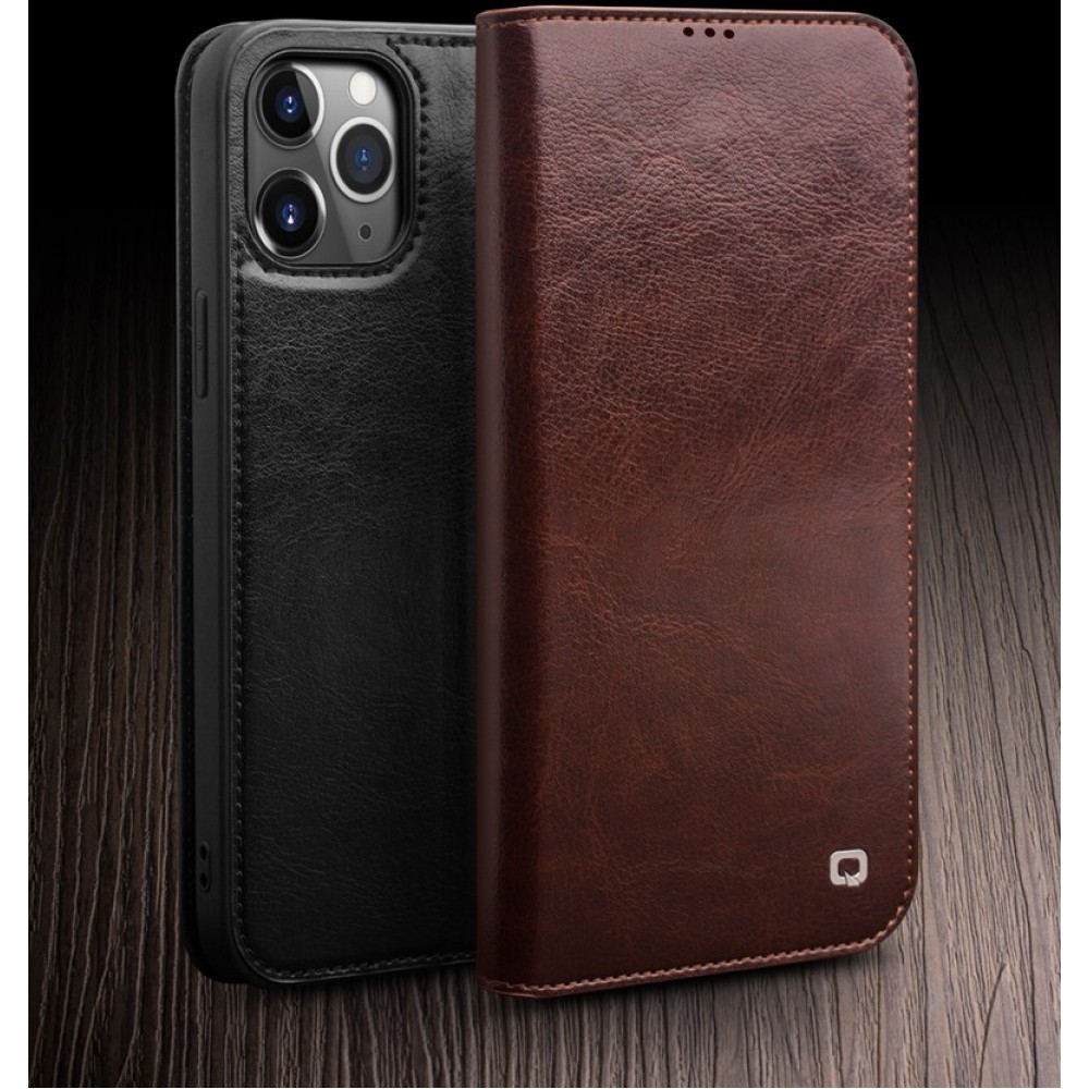 Fourre iPhone 12 Pro Max - Flip Qialino cuir véritable - Brun