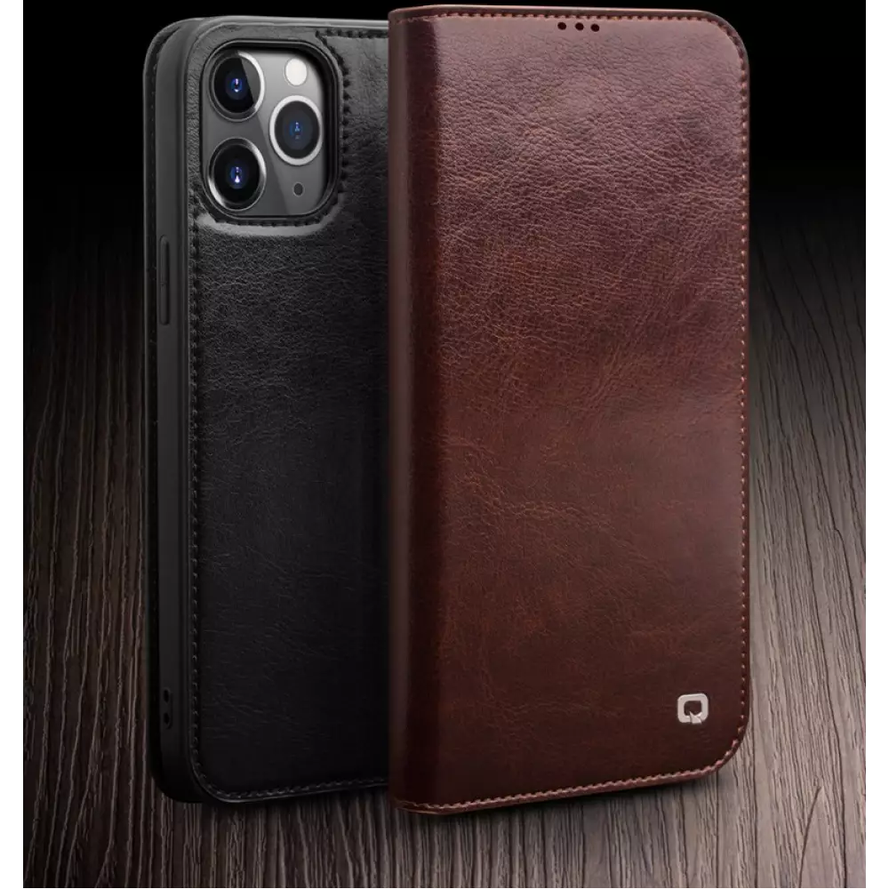Hülle iPhone 12 mini - Qialino Flip Echtleder - Braun