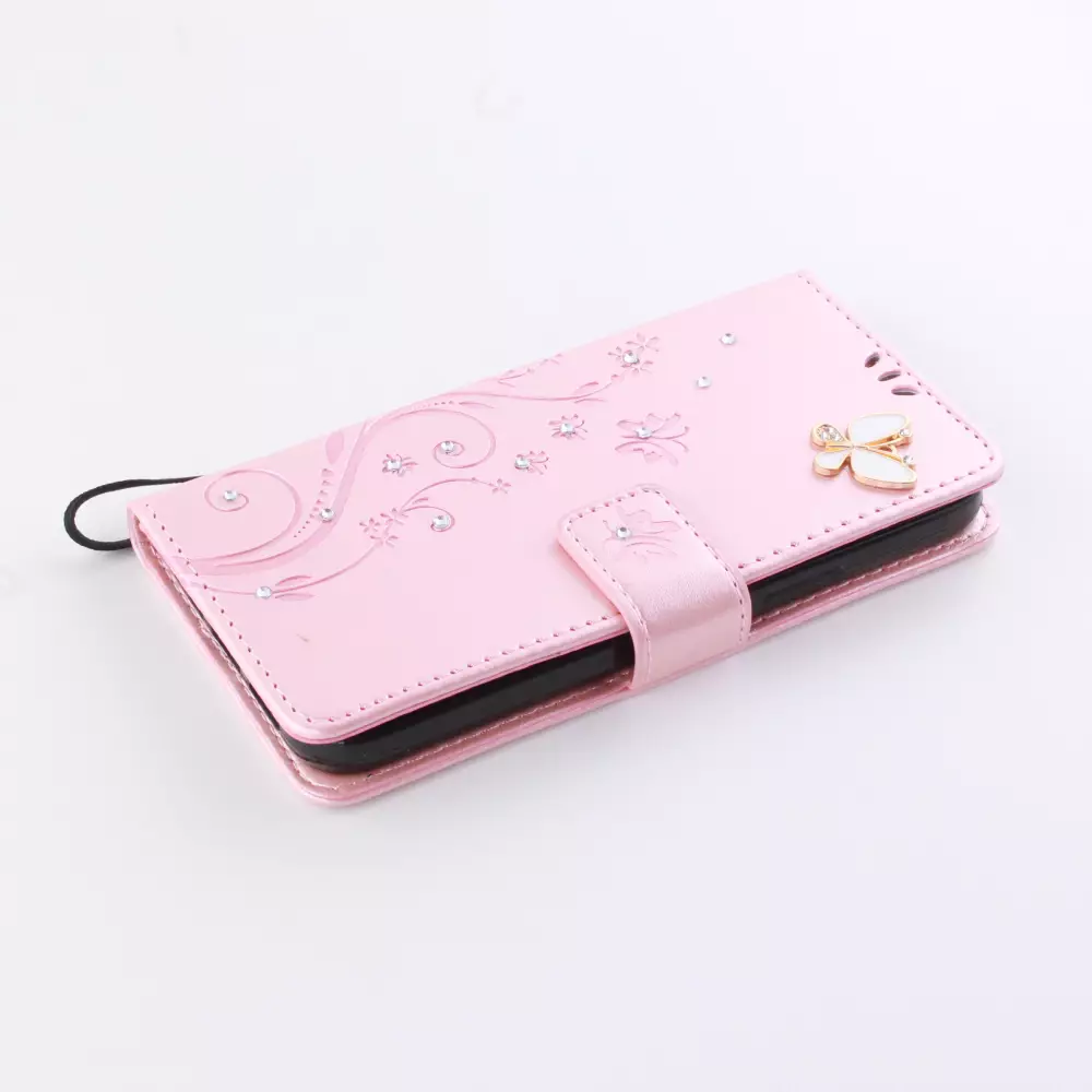 Hülle iPhone 12 / 12 Pro - Flip Schmetterling Strass - Rosa