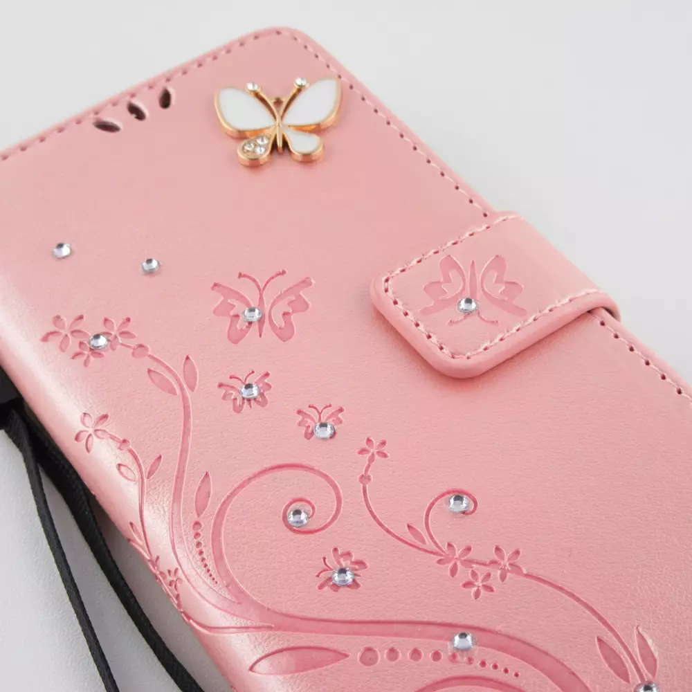 Hülle iPhone 12 / 12 Pro - Flip Schmetterling Strass - Rosa
