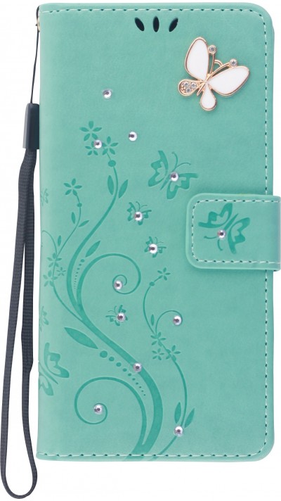 Fourre iPhone 12 / 12 Pro - Flip papillon Strass - Turquoise