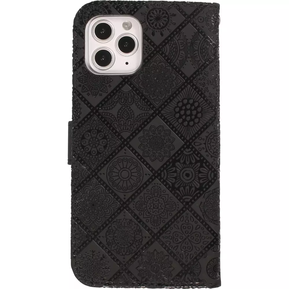 iPhone 12 / 12 Pro Case Hülle - Premium Flip Wallet Kautschuk oriental Muster mit Magnetverschluss - Schwarz