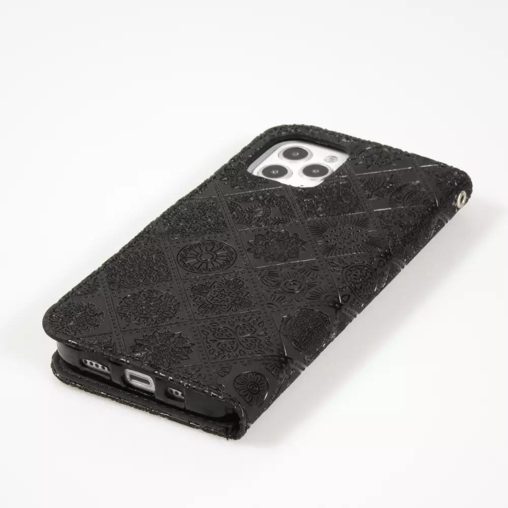 iPhone 12 / 12 Pro Case Hülle - Premium Flip Wallet Kautschuk oriental Muster mit Magnetverschluss - Schwarz
