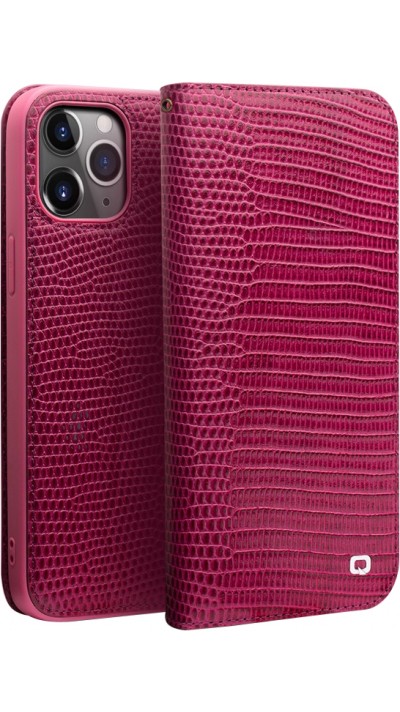 Fourre iPhone 15 Pro - Flip Croco Qialino cuir véritable - Rose