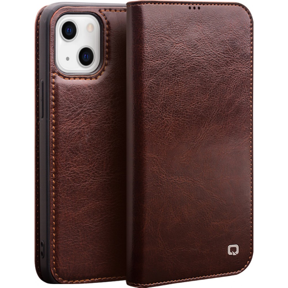 Fourre iPhone 14 Plus - Flip Qialino cuir véritable - Brun