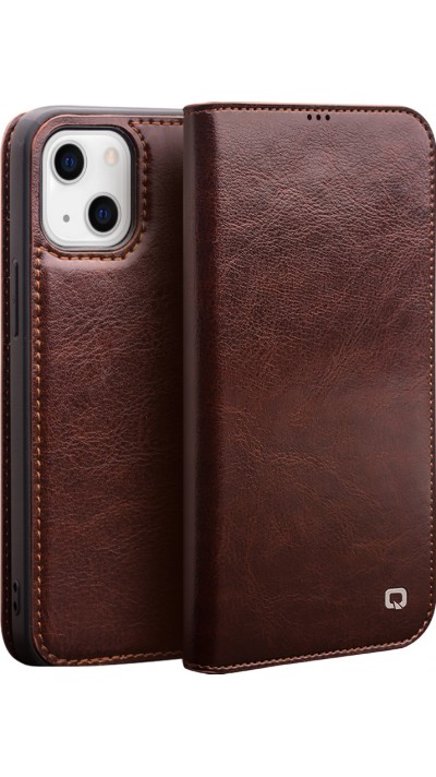 Fourre iPhone 15 Plus - Flip Qialino Classic Wallet cuir véritable - Brun