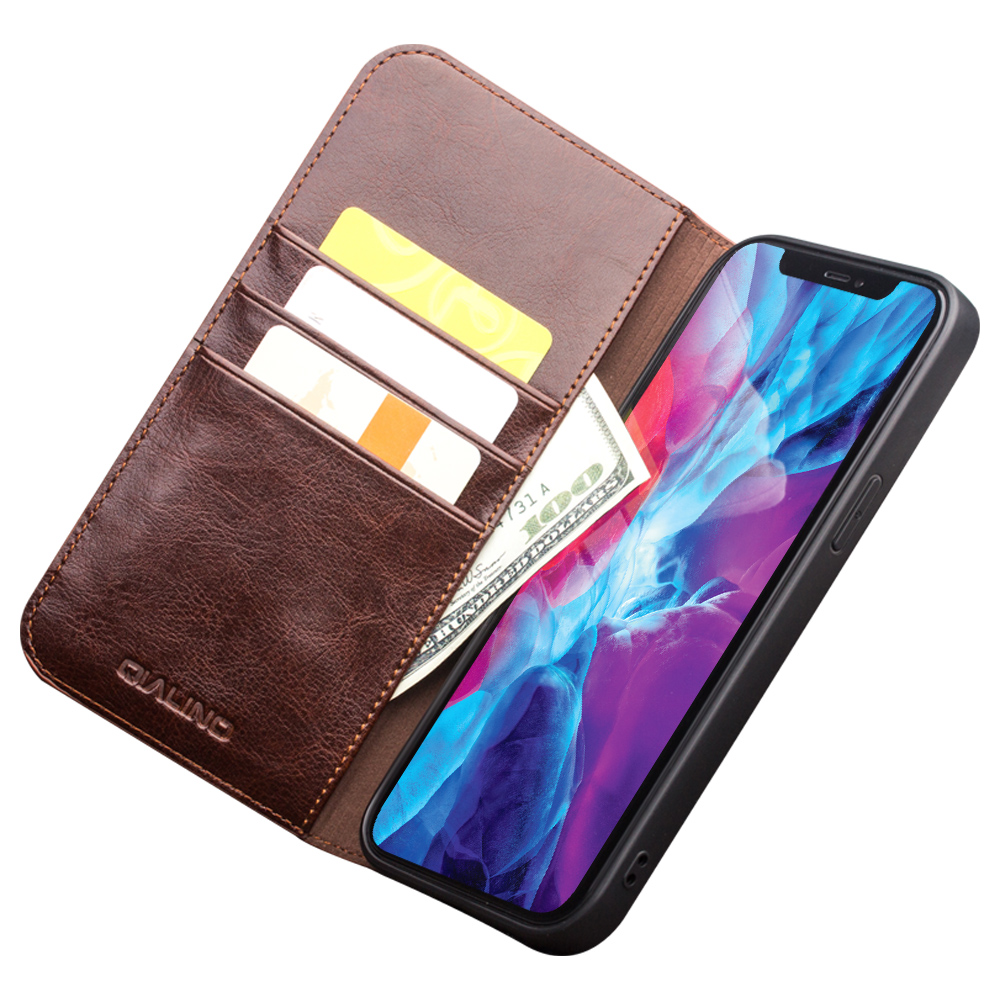 Fourre iPhone 14 Plus - Flip Qialino cuir véritable - Brun